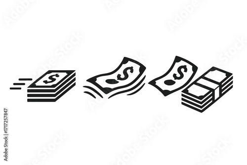 Money transfer vector icon. Fast cash payment and sending money concept. Flying dollar bills from one stack to another. Financial transaction, currency exchange, and payment.