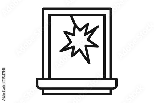 Broken window icon. Cracked glass. Simple outline symbol of vandalism, accident, or destruction. Linear vector illustration for house repair, insurance, protest, or riot.