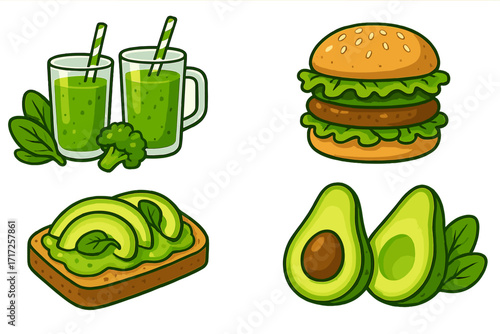 Plant-based food collection. Green smoothie, veggie burger, avocado toast icons. Healthy vegan meal set for vegetarian diet. Fresh organic food vector cartoon illustration.