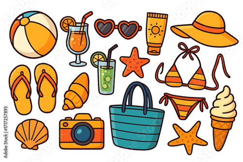 Summer beach vacation essentials icon set. Cartoon vector collection with holiday items: bikini, sunscreen, cocktail, camera, sunglasses, hat, beach bag, ball and ice cream.