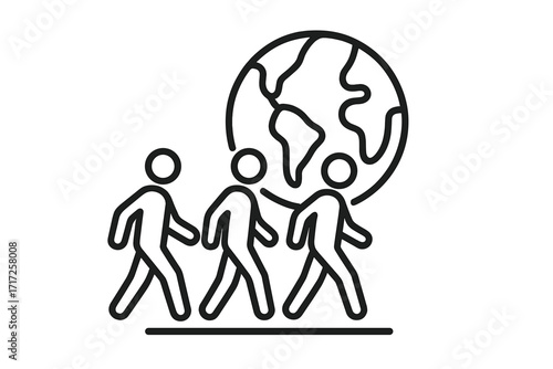 Global migration line icon with people walking. Immigration, emigration and refugee concept. Crowd moving across the planet. Human displacement. World travel vector illustration.
