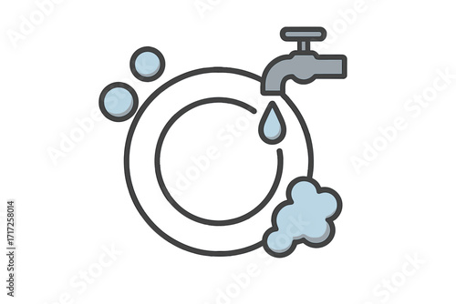 Dish washing icon. Clean plate under faucet with water drop, soap bubbles and suds. Household chores, hygiene and kitchen cleaning concept. Simple linear vector cartoon.