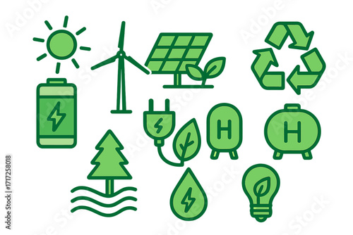 Green energy icon set. Renewable sources like solar, wind, and water. Concepts of sustainability, recycling, hydrogen technology, and battery storage. Eco friendly vector pack.