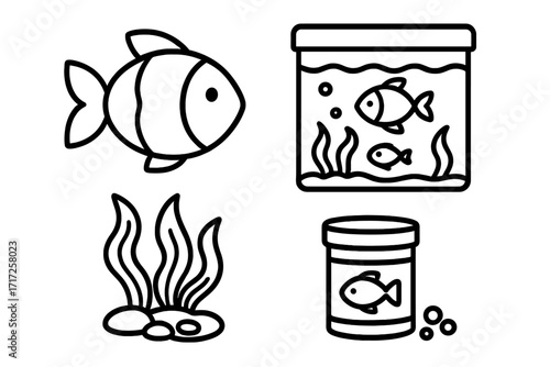 Aquarium and pet fish care thin line icon set. Vector outline illustration of fish tank, food, and seaweed. Simple black and white symbols for web, apps, and print.