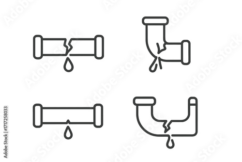 Broken pipe line icon set. Leaking water pipe, plumbing problem concept. Burst pipeline, cracked tube with water drip. Damage, leakage, maintenance and repair vector symbol.
