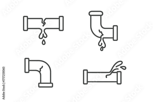 Broken pipe icon set. Leaking water pipe, burst pipeline, plumbing problem pictogram. Thin line vector illustration for water damage, drainage issues, and repair service concept.