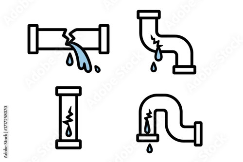 Broken pipe icon set. Vector pictogram collection of water leakage and dripping from cracked pipelines. Plumbing damage, burst pipe, and home repair emergency cartoon illustration.
