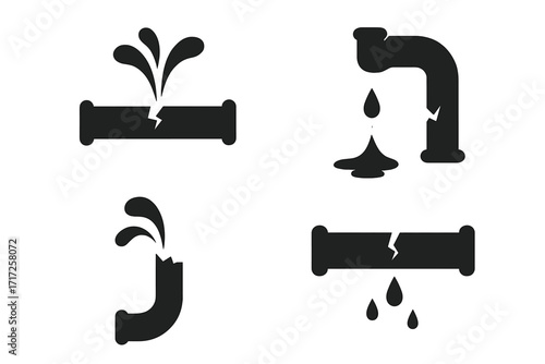 Broken pipe vector icon set. Plumbing problem, water leak, burst pipe pictogram. Dripping water, pipeline damage concept. Emergency repair service silhouette graphics.
