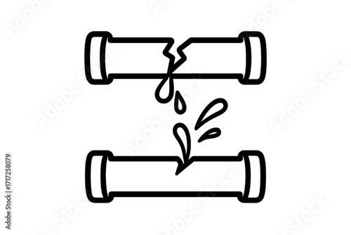 Broken pipe outline icon set. Vector illustration of leaking water pipes. Concepts for plumbing problems, water damage, burst pipeline, emergency repair, and leakage.