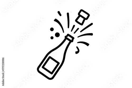 Champagne bottle popping icon vector. Cork explosion for celebration, party, new year, wedding. Sparkling wine opening line art. Success, victory, and anniversary concept.