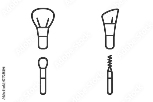 Makeup brush icon set. Cosmetic tools collection. Powder, contour, eyeshadow and mascara wand line art. Beauty salon accessories. Vector pictogram for graphic design, web, app.
