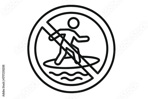 No stand-up paddleboarding sign. SUP forbidden icon. Water sport prohibition symbol. Danger warning pictogram for beach, sea, or lake restricted area. Vector outline illustration.