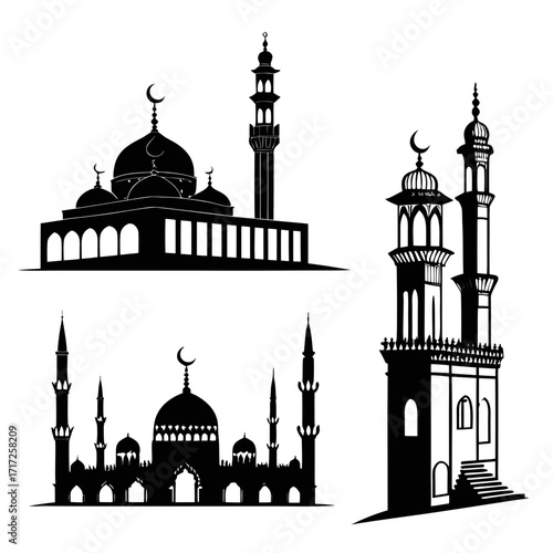 Islamic mosque silhouettes with domes and minarets
