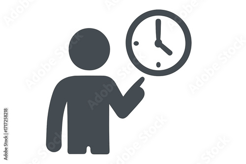 Person pointing at clock icon. Time management concept. Deadline, schedule, and appointment symbol. Punctuality and waiting metaphor. Man and watch vector illustration.