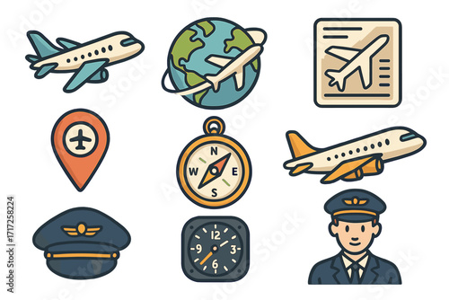 Aviation icon set with pilot, airplane, and flight elements. Vector cartoon collection for air travel concepts. Includes world globe, compass, airport pin, and navigation symbols.