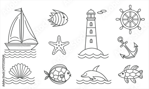 Nautical doodle set with lighthouse sailboat anchor dolphins and shells
