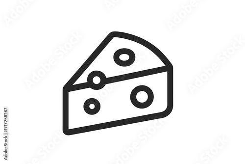 Cheese wedge thin line icon. Vector illustration of a swiss cheese slice. Dairy food symbol for logo, web, app, graphic design. Minimalist outline drawing. Isolated pictogram.
