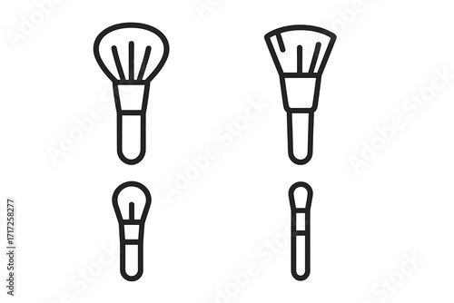 Cosmetic brush vector icon set. Makeup tools in modern outline style. Beauty kit for powder, blush, foundation, eyeshadow. For salon, glamour, web, app, social media design.