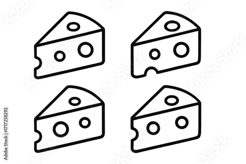 Set of cheese wedge icons. Line art vector illustration of Swiss cheese slice with holes. Dairy food product symbol for logo, app, or website. Minimalist gourmet snack graphic.