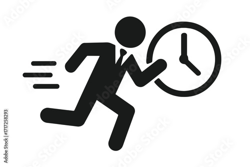 Businessman running with clock icon. Rushing against time for a deadline. Concept for time management, hurry, schedule, appointment, and efficiency. Vector graphic element.