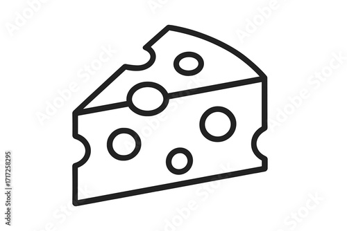 Cheese wedge outline icon. Simple vector graphic for web design, apps, and branding. Dairy food symbol. Slice of swiss cheese with holes. Isolated minimalist illustration.