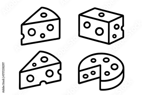 Cheese vector line icon set. Emmental or swiss cheese collection with wedge, block, and wheel shapes. Simple outline symbols for food packaging, restaurant menu or web.