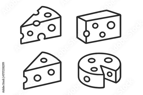 Set of cheese icons. Outline collection of various dairy food. Emmental, cheddar, swiss cheese slice, block and wheel. Minimalist vector for grocery, menu or gourmet food concept.