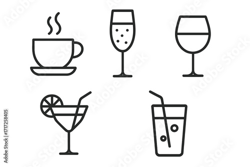 Drink and beverage line icon set. Coffee, tea, wine, cocktail, soda icons. For bar menu, cafe, restaurant. Editable stroke vector illustration for web, print, infographics.