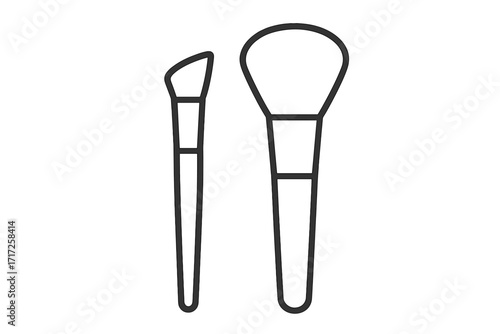 Cosmetic makeup brush icon set. Powder and angled brush for concealer, eyeshadow or contour. Beauty tool symbol for visagist, makeup artist. Minimalist vector line art.