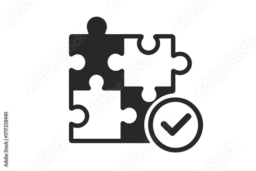 Puzzle completion icon with check mark. Vector symbol for problem solving, integration, and solutions. Teamwork and business strategy concept. Jigsaw pieces fitting together.