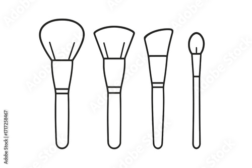 Cosmetic makeup brush set vector icon collection. Beauty tool kit for powder, foundation, blush, eyeshadow. Outline symbol for cosmetology, makeup artist. Linear graphic design.