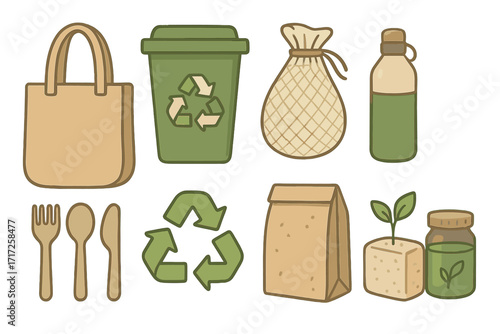 Vector set of zero waste items for sustainable living. Eco friendly products for a green lifestyle. Reusable tote bag, bottle, wooden cutlery. Plastic-free and recycling concept.