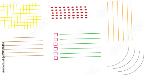 Assortment of abstract geometric shapes and lines in muted colors on a white background brown