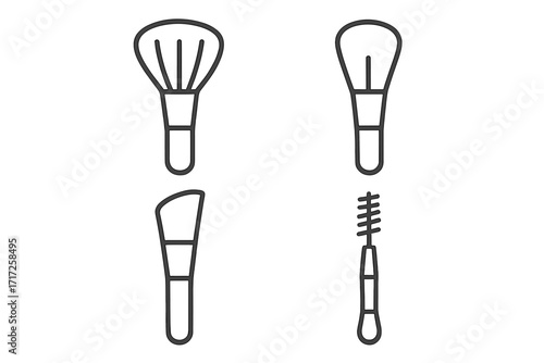 Cosmetic brush set outline icon. Makeup artist tools. Beauty salon symbol. Powder, blush, angled, spoolie brush. Vector line art for web, app design. Glamour, skincare.