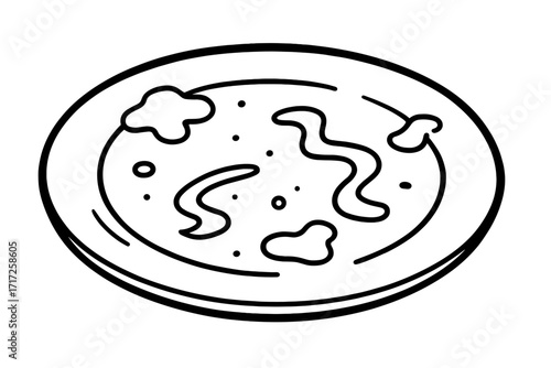 Dirty plate outline vector illustration. Unwashed dish with leftover food. Concept of a finished meal, mess, gluttony, satiety, chores. Simple line art icon for graphic design.