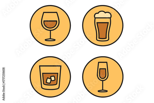 Alcoholic beverages icon collection. Vector set with wine glass, beer pint, whiskey on rocks and champagne flute. Simple flat design for bar menu, party or celebration.