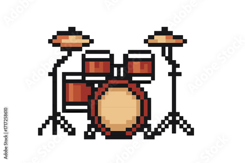 Pixel art drum kit icon. 8-bit retro video game asset. Music instrument symbol for gaming. Vector illustration of a percussion set for a rock band or concert concept.