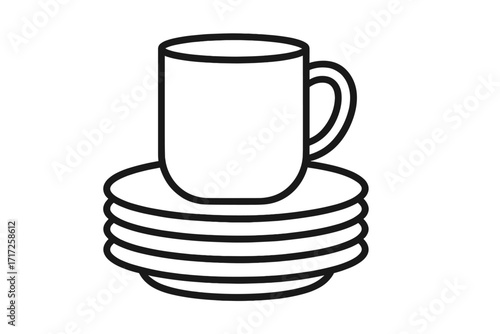 Stack of dirty dishes line icon. Unwashed plates and cup waiting for washing. Kitchen chores symbol. Vector illustration for restaurant, cafe, home, cleaning service concept.