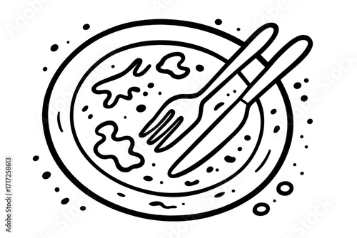 Dirty plate with leftover food outline vector. Unwashed dish with fork and knife after eating. Messy meal cartoon icon. Food waste concept for graphic design illustration.