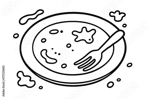 Unwashed dish with fork and food leftovers vector outline illustration. Dirty plate icon for concepts of mess, cleaning, hunger, and diet. Simple black and white cartoon drawing.