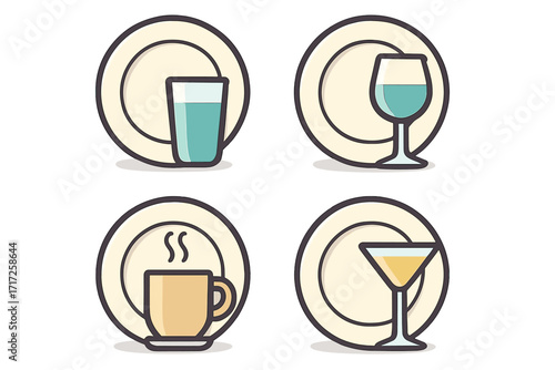 Drink and beverage icon set. Vector cartoon illustration of different drinks. Water glass, wine glass, coffee cup, and martini cocktail on a plate. For cafe, bar menu design.