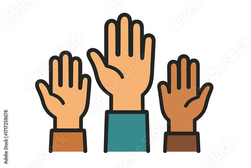 Raised hands vector icon. Concept for volunteering, charity, and community support. Diverse people participating, voting, or asking for help. Teamwork and unity symbol.