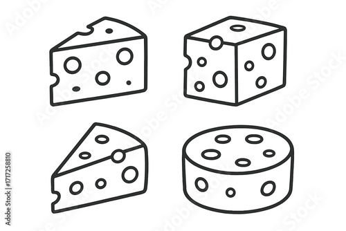 Cheese line icon set. Vector collection of dairy food symbols. Wedge, block, and wheel of swiss cheese. Outline graphic element for restaurant menu, grocery logo, or food app.