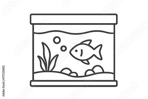 Aquarium line icon. Fish tank vector illustration. Simple outline drawing of a fish in water with plants and bubbles. Pet shop logo concept or isolated graphic element for apps.