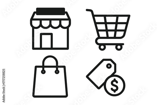 Shopping icon set for e-commerce and retail. Storefront, cart, bag, and price tag symbols. Vector line art elements for business, marketplace, sale, and online shop design.