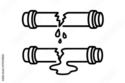 Broken pipe line icon set. Leaking water pipe vector illustration. Plumbing problem, burst pipe, water damage concept. Emergency plumbing repair, leakage, pipeline failure.