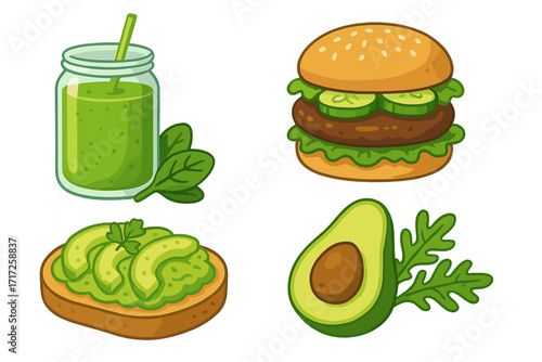Vegan food icon set with fresh plant-based meal items. Green smoothie, veggie burger, avocado toast, and guacamole. Healthy eating, diet, and vegetarian lifestyle concept vector.