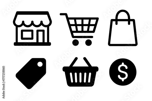 Shopping and retail icon set. Vector symbols for e-commerce, business and marketplace. Includes shop, cart, basket, bag, price tag and dollar coin for online store design.