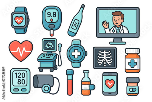 Health technology icon set. Medical devices, diagnostics, and telemedicine tools for modern healthcare. Vector collection with smartwatch, ultrasound, x-ray, online doctor.