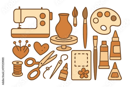 Craft and hobby tools set. Sewing, pottery, painting vector icons collection. Handmade creative diy equipment. Art supplies for workshop, artist and tailor. Flat cartoon illustration.